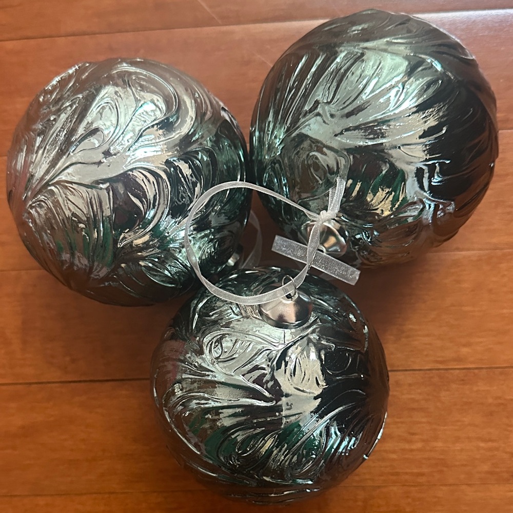 Set of Three Oversized Metallic Green Decorative Plastic Tree Ornaments